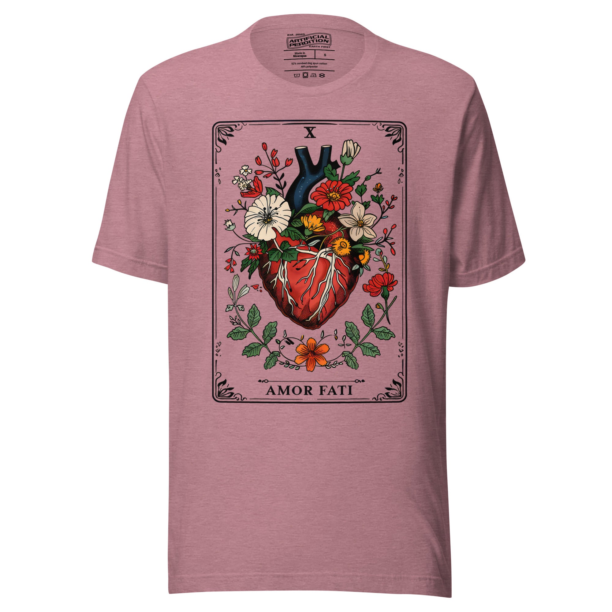 Tarot card illustration numbered X with an anatomical heart in bloom surrounded by wildflowers and vines, Amor Fati, Artificial Perdition apparel
