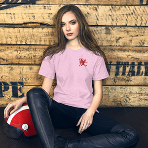 Artificial Perdition devil mascot, red illustrated devil mid-stride with trident and brand name, hand-drawn style on black, official logo tee
