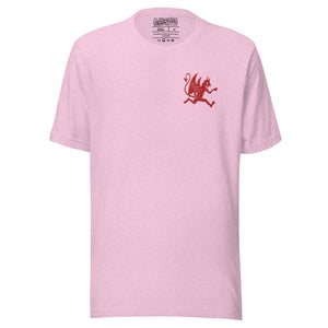 Artificial Perdition devil mascot, red illustrated devil mid-stride with trident and brand name, hand-drawn style on black, official logo tee