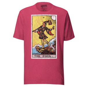 The Fool tarot card, figure at cliff's edge with staff and flower, dog at heel, vintage Rider-Waite engraving style, Artificial Perdition