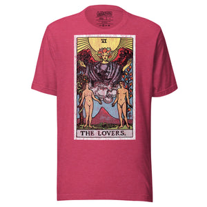 The Lovers tarot card, unveiled man and woman beneath winged figure with Tree of Life and serpent-wrapped Tree of Knowledge, Rider-Waite style, Artificial Perdition