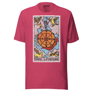 Wheel of Fortune tarot card, sphinx atop a turning wheel flanked by four creatures, Rider-Waite style, Artificial Perdition