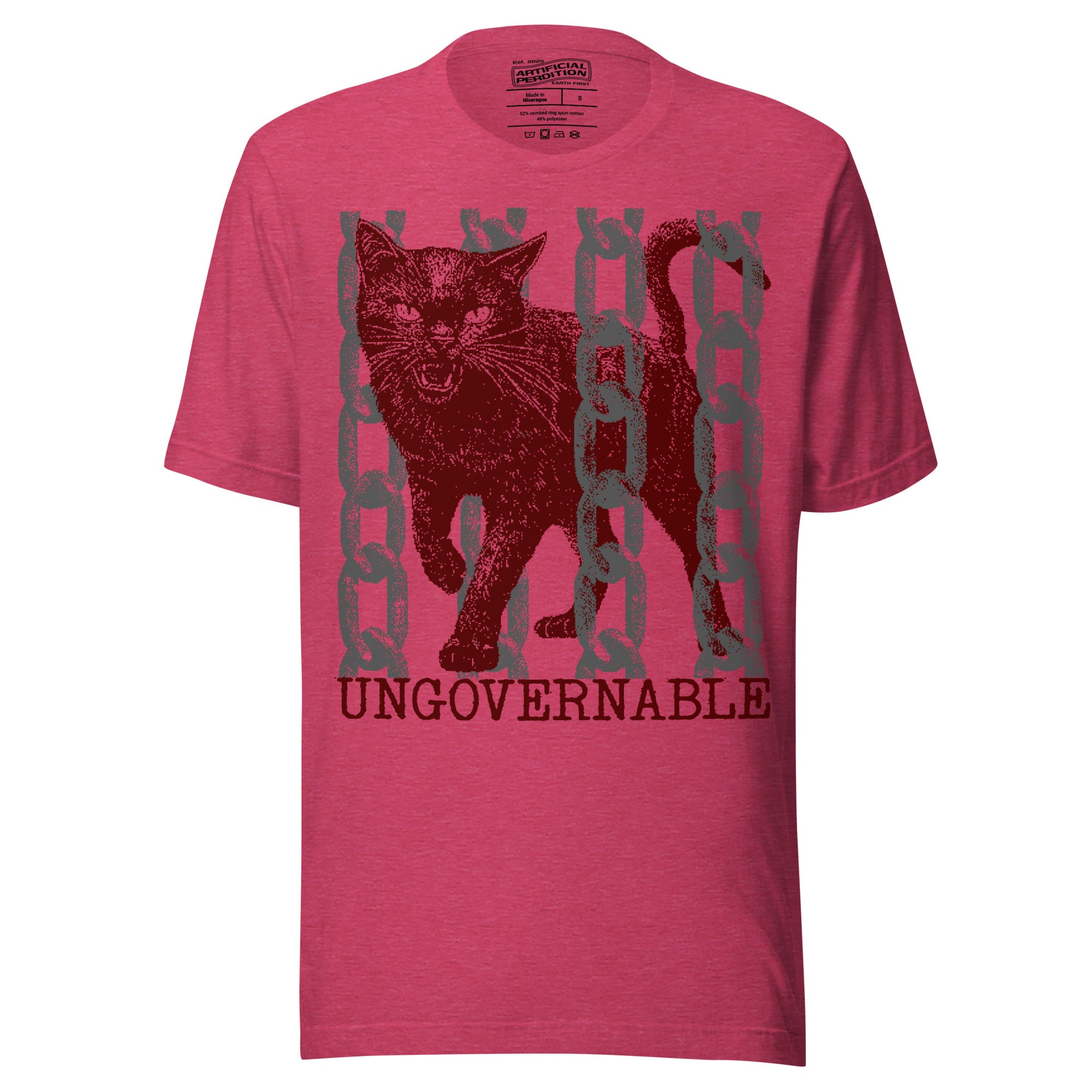 Product mockupSnarling cat breaking through chains with UNGOVERNABLE text, dithered halftone red on cream, Artificial Perdition apparel