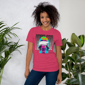 Blindfolded skull in thermal heat-map colors with bold chrome HOPELESS text, psychological horror design, Artificial Perdition apparel