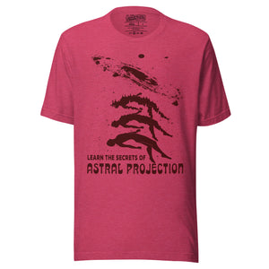 Three figures rising from a reclining body toward a spiral galaxy with Learn the Secrets of Astral Projection text, retro occult advertisement style, Artificial Perdition apparel