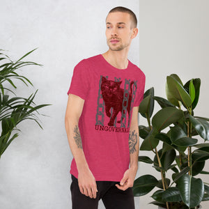 Snarling cat breaking through chains with UNGOVERNABLE text, dithered halftone red on cream, Artificial Perdition apparel