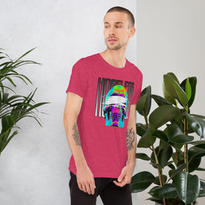 Blindfolded skull in thermal heat-map colors with bold chrome HOPELESS text, psychological horror design, Artificial Perdition apparel