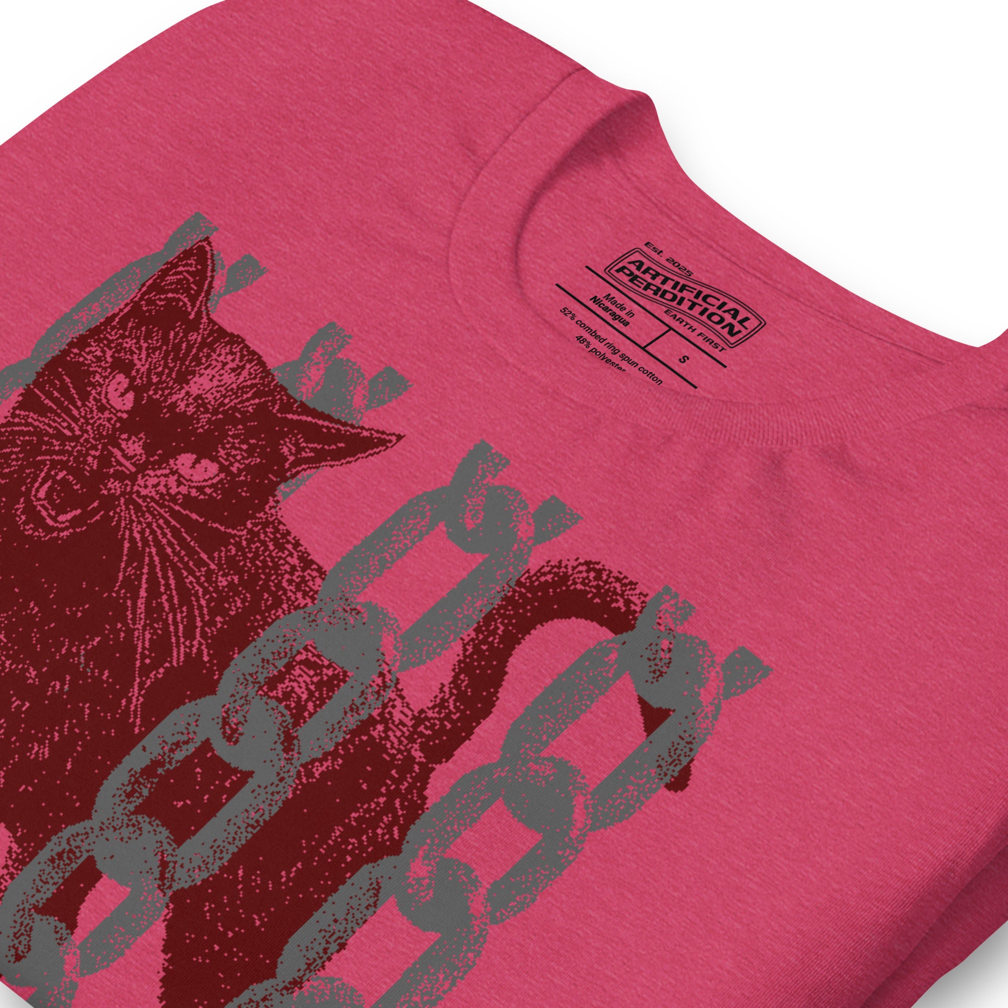 Snarling cat breaking through chains with UNGOVERNABLE text, dithered halftone red on cream, Artificial Perdition apparel