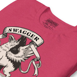 Rampant griffin in heraldic engraving style with Swagger banner ribbon, cream and black illustration, Artificial Perdition apparel