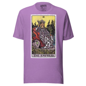 The Empress tarot card, crowned figure enthroned with Venus shield and scepter, wheat field and forest behind her, Rider-Waite style, Artificial Perdition