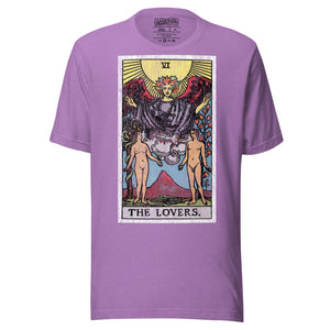 The Lovers tarot card, unveiled man and woman beneath winged figure with Tree of Life and serpent-wrapped Tree of Knowledge, Rider-Waite style, Artificial Perdition