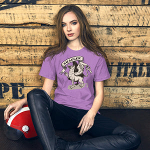 Rampant griffin in heraldic engraving style with Swagger banner ribbon, cream and black illustration, Artificial Perdition apparel