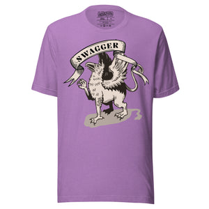 Rampant griffin in heraldic engraving style with Swagger banner ribbon, cream and black illustration, Artificial Perdition apparel