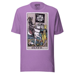 Death tarot card, skeletal horseman with black banner and white rose, figures fallen before him and sun rising on horizon, Rider-Waite style, Artificial Perdition