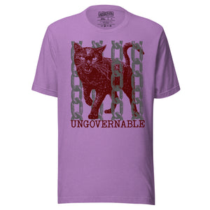 Product mockupSnarling cat breaking through chains with UNGOVERNABLE text, dithered halftone red on cream, Artificial Perdition apparel