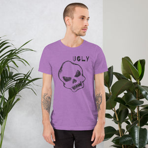 Crude hand-drawn skull with mismatched eye sockets and UGLY text in the upper corner, anti-polish graphic design, Artificial Perdition apparel