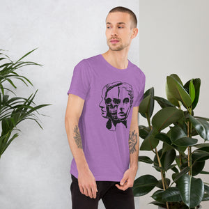 Split face illustration, half classical sculpture bust and half skull, black and white high contrast, Dead Inside, Artificial Perdition apparel