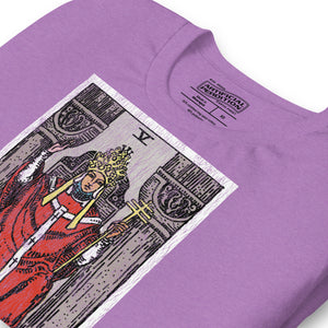The Hierophant tarot card, triple-crowned figure seated between pillars with crossed keys and kneeling acolytes, Rider-Waite style, Artificial Perdition
