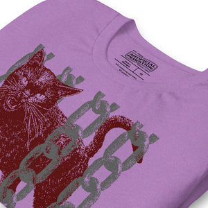 Snarling cat breaking through chains with UNGOVERNABLE text, dithered halftone red on cream, Artificial Perdition apparel