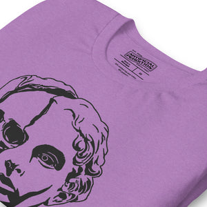 Split face illustration, half classical sculpture bust and half skull, black and white high contrast, Dead Inside, Artificial Perdition apparel