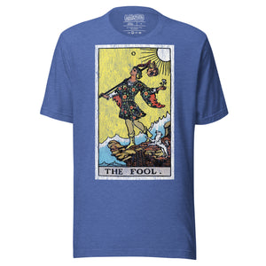 The Fool tarot card, figure at cliff's edge with staff and flower, dog at heel, vintage Rider-Waite engraving style, Artificial Perdition