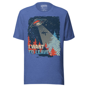 Retro poster style UFO beaming down into a midnight forest with I WANT TO LEAVE text, red and blue palette, Artificial Perdition apparel