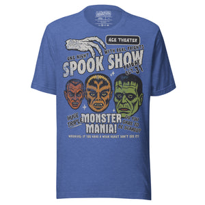 Vintage spook show poster style back print with three classic monster faces and Midnight Spook Show text, retro Halloween design, Artificial Perdition apparel