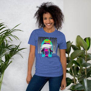 Blindfolded skull in thermal heat-map colors with bold chrome HOPELESS text, psychological horror design, Artificial Perdition apparel