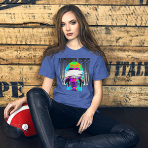 Blindfolded skull in thermal heat-map colors with bold chrome HOPELESS text, psychological horror design, Artificial Perdition apparel
