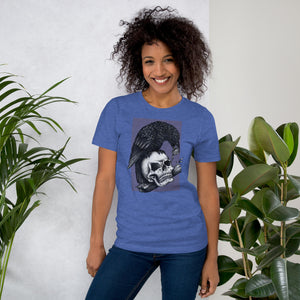 Graphite illustration of a black corvid perched on a human skull removing the eye, sprouting branch beside it, Last Look, Artificial Perdition apparel