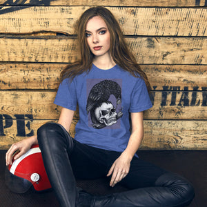Graphite illustration of a black corvid perched on a human skull removing the eye, sprouting branch beside it, Last Look, Artificial Perdition apparel