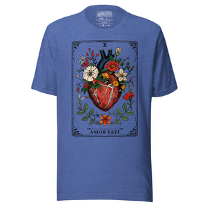 Tarot card illustration numbered X with an anatomical heart in bloom surrounded by wildflowers and vines, Amor Fati, Artificial Perdition apparel