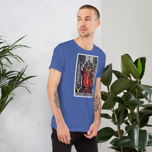 The Hierophant tarot card, triple-crowned figure seated between pillars with crossed keys and kneeling acolytes, Rider-Waite style, Artificial Perdition