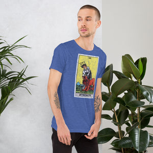 Card eight. The lion is already subdued, led by a chain of flowers. Strength is the quiet kind — fortitude, not force. Rider-Waite tarot apparel.