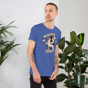 Rampant griffin in heraldic engraving style with Swagger banner ribbon, cream and black illustration, Artificial Perdition apparel