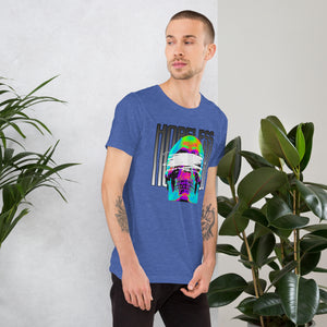 Blindfolded skull in thermal heat-map colors with bold chrome HOPELESS text, psychological horror design, Artificial Perdition apparel