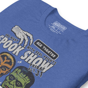 Vintage spook show poster front print with three classic monster faces, Ace Theater and Monster Mania text, distressed style on black, Artificial Perdition apparel