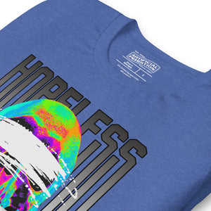 Blindfolded skull in thermal heat-map colors with bold chrome HOPELESS text, psychological horror design, Artificial Perdition apparel