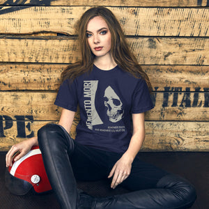 Cracked skull illustration in tombstone grey with vertical Memento Mori text and Remember Death translation, Artificial Perdition apparel
