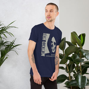 Cracked skull illustration in tombstone grey with vertical Memento Mori text and Remember Death translation, Artificial Perdition apparel