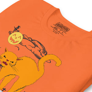 Orange arched Halloween cat hissing in graveyard scene with jack-o-lantern moon and bats, vintage poster style, Hissy Halloween, Artificial Perdition apparel