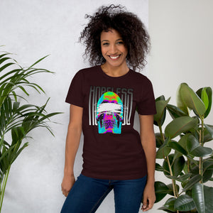 Blindfolded skull in thermal heat-map colors with bold chrome HOPELESS text, psychological horror design, Artificial Perdition apparel
