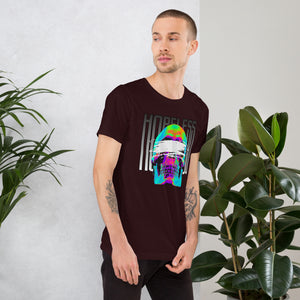 Blindfolded skull in thermal heat-map colors with bold chrome HOPELESS text, psychological horror design, Artificial Perdition apparel