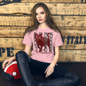 Snarling cat breaking through chains with UNGOVERNABLE text, dithered halftone red on cream, Artificial Perdition apparel