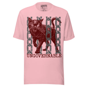 Snarling cat breaking through chains with UNGOVERNABLE text, dithered halftone red on cream, Artificial Perdition apparel