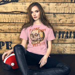 Die-cut skull with amber eyes and dripping orange horror font reading EVERY BODY DIES, vintage pulp style, Artificial Perdition apparel