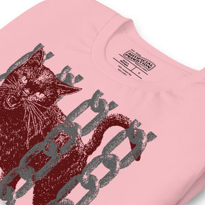 Snarling cat breaking through chains with UNGOVERNABLE text, dithered halftone red on cream, Artificial Perdition apparel