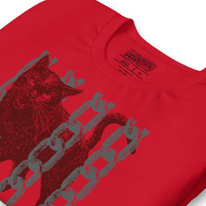Product mockupSnarling cat breaking through chains with UNGOVERNABLE text, dithered halftone red on cream, Artificial Perdition apparel