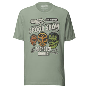 Vintage spook show poster front print with three classic monster faces, Ace Theater and Monster Mania text, distressed style on black, Artificial Perdition apparel