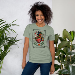 Tarot card illustration numbered X with an anatomical heart in bloom surrounded by wildflowers and vines, Amor Fati, Artificial Perdition apparel